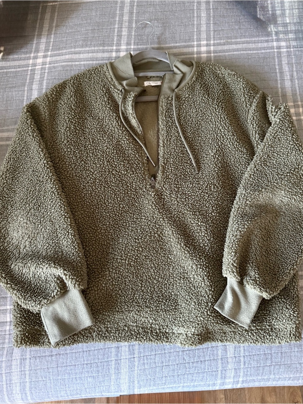 C&C California Olive Green Sherpa Zip Pullover Sweater